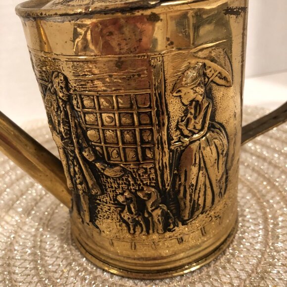 Vintage Brass Decorative Watering Can With Embossed Colonial Scene Design - Picture 2 of 14